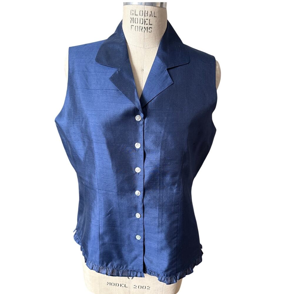 SilkLand Blue Ruffle Trim Buttondown Sleeveless Blouse Size Large